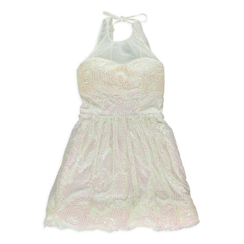 Ruby Rox Womens Sequined Party Pleated Dress, Off-White, Juniors, 5, DM